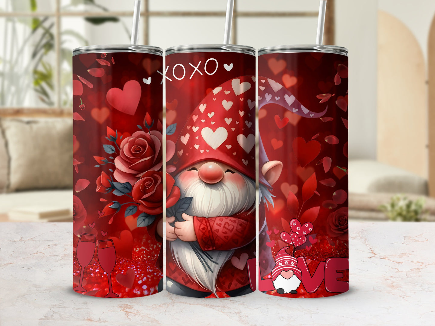 Gnome Love Valentines Day Tumbler with Hearts Design