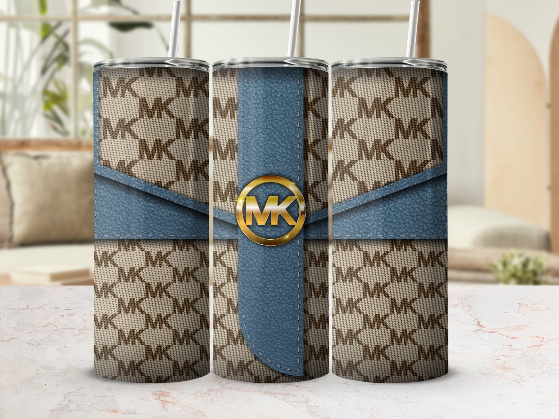 Stylish Monogram Pattern Tumbler With Blue Accent