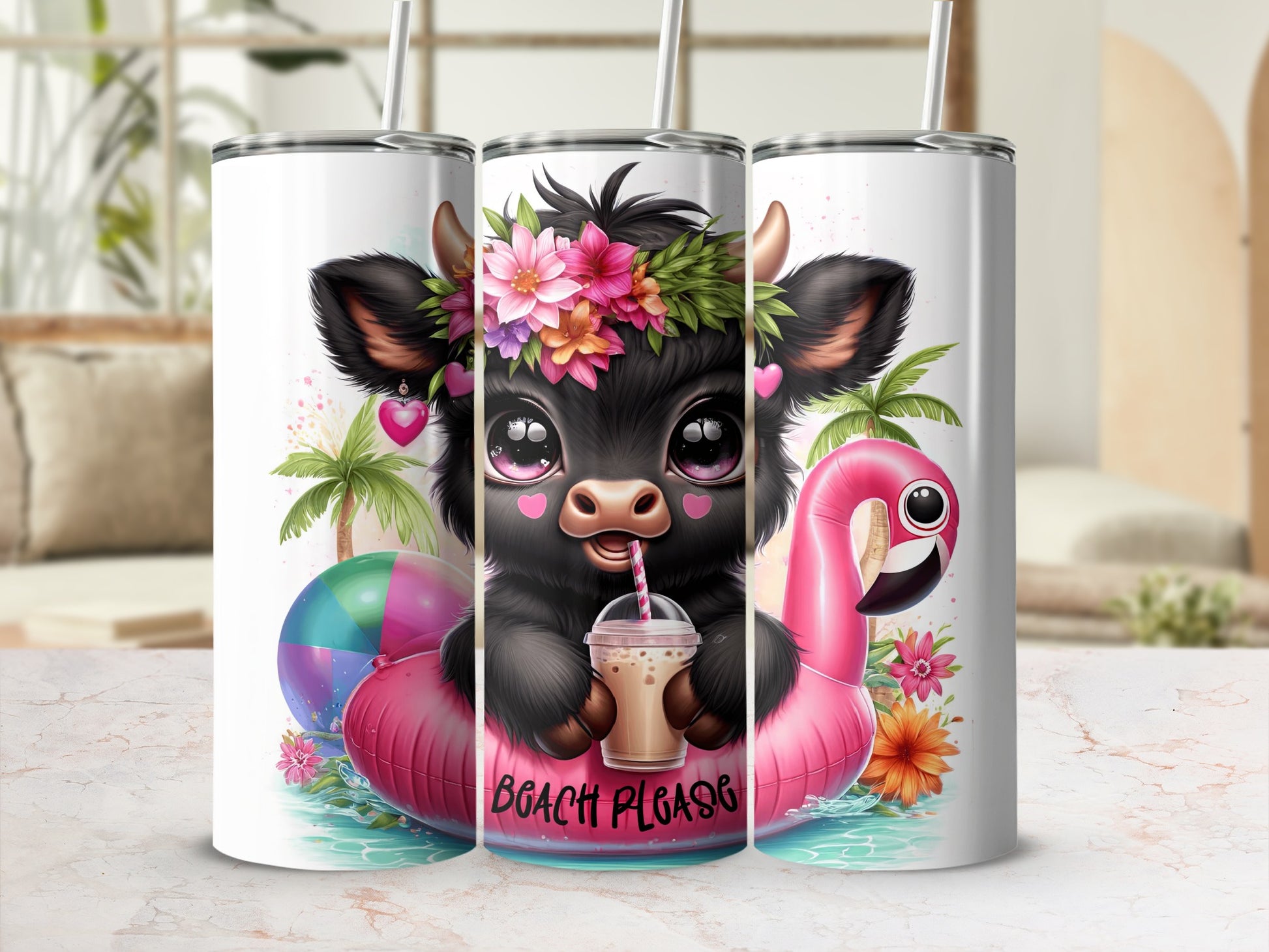 Cute cow wearing flower crown drinks from cup in flamingo float on beach.