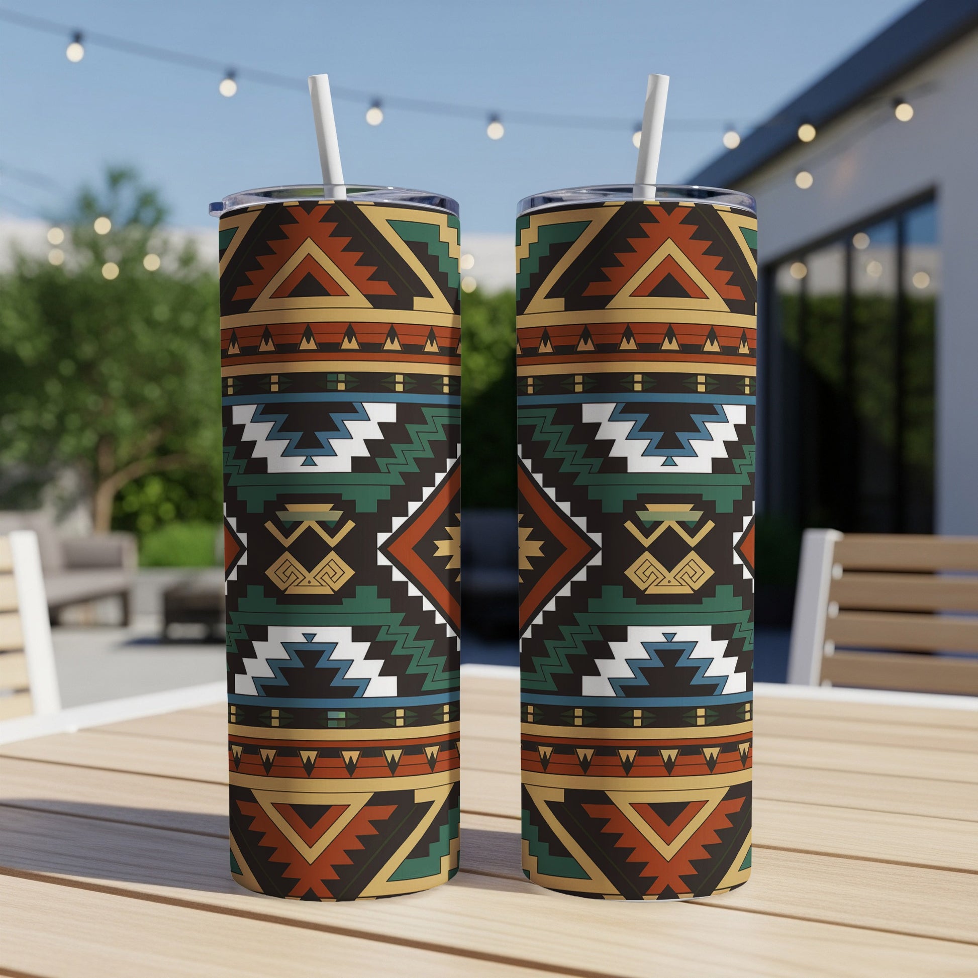 Two tall tumblers with geometric Southwestern pattern on a wooden table outdoors.