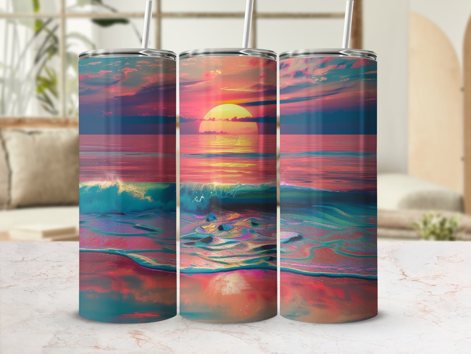 Three tumblers featuring a vibrant sunset ocean wave scene.