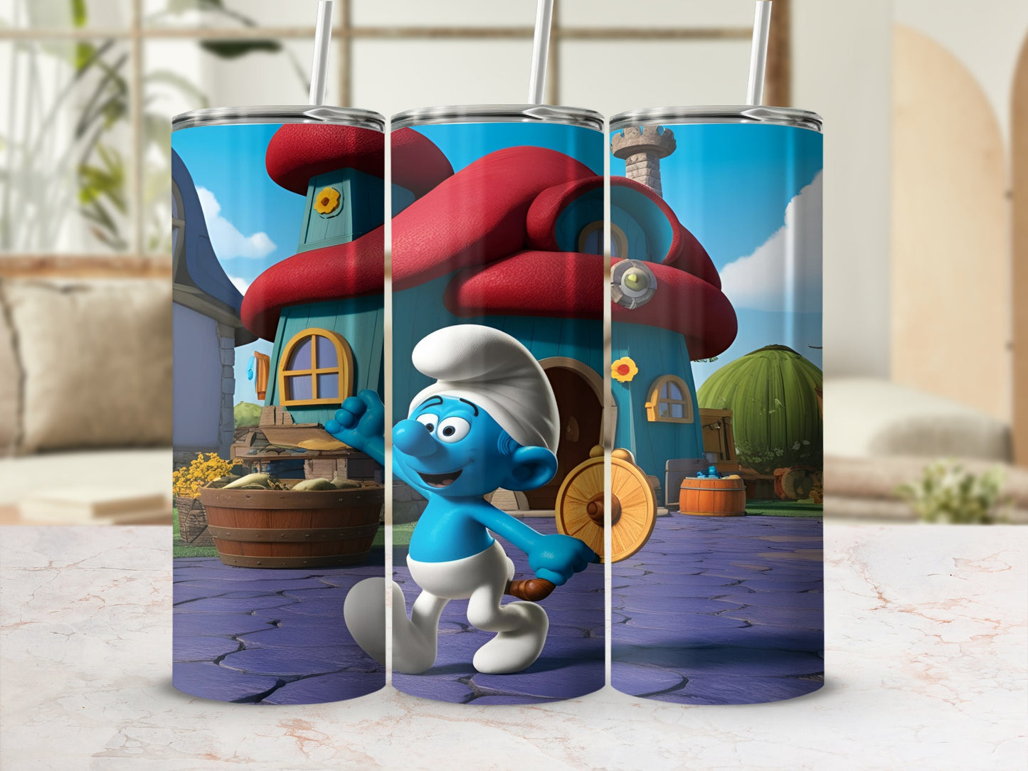 Smurf character in front of a Smurf house holding a golden shield.
