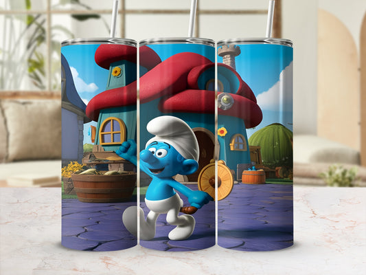 Smurf character in front of a Smurf house holding a golden shield.