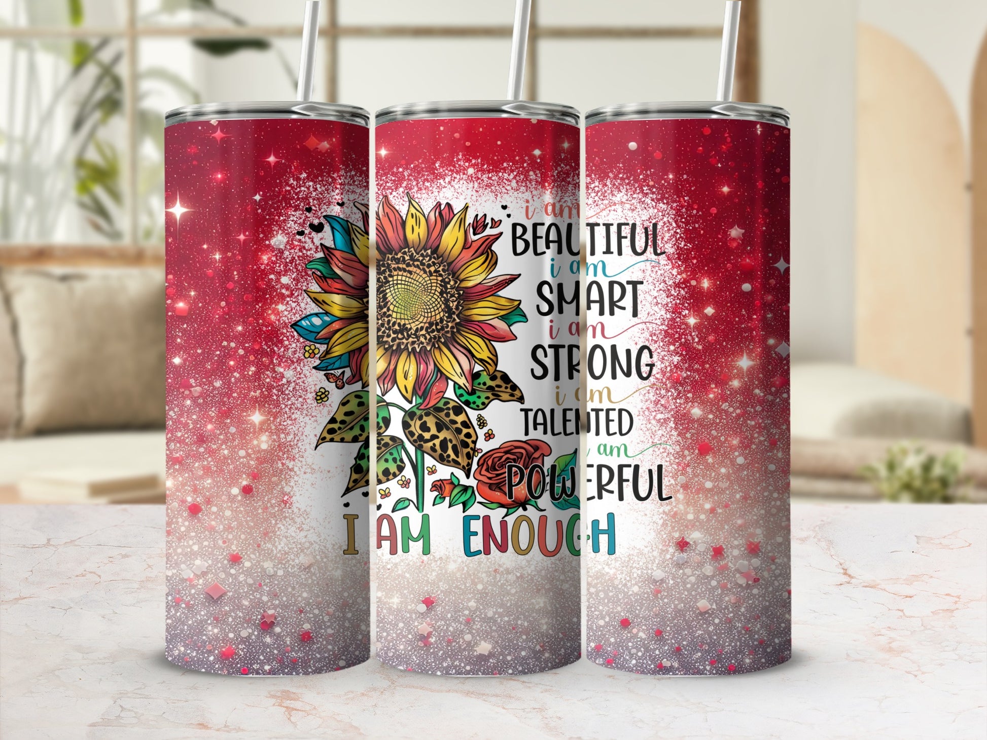 Inspirational Sunflower Design Red Glitter Tumbler