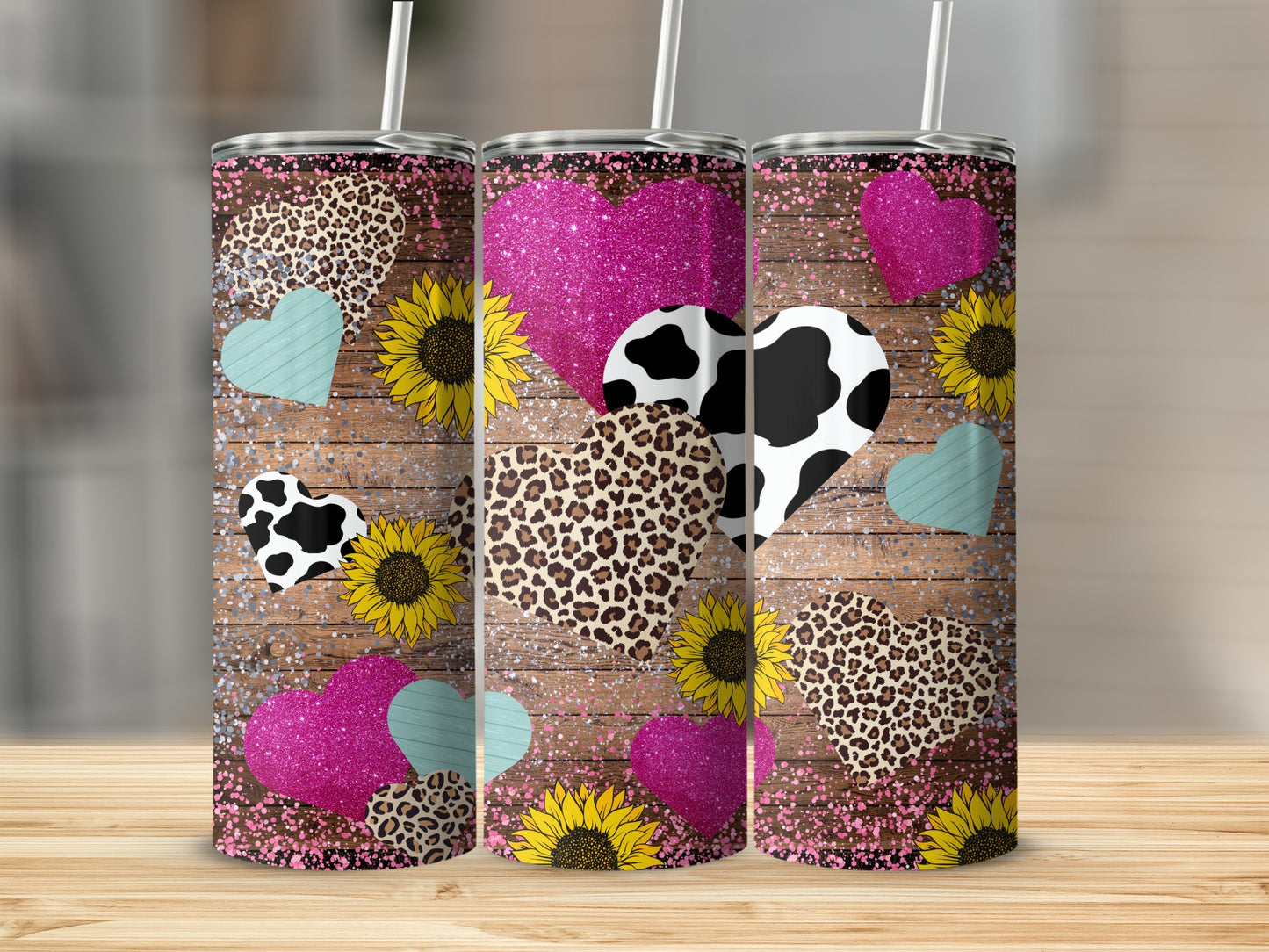 Pink Hearts Sunflowers Patterned Tumblers