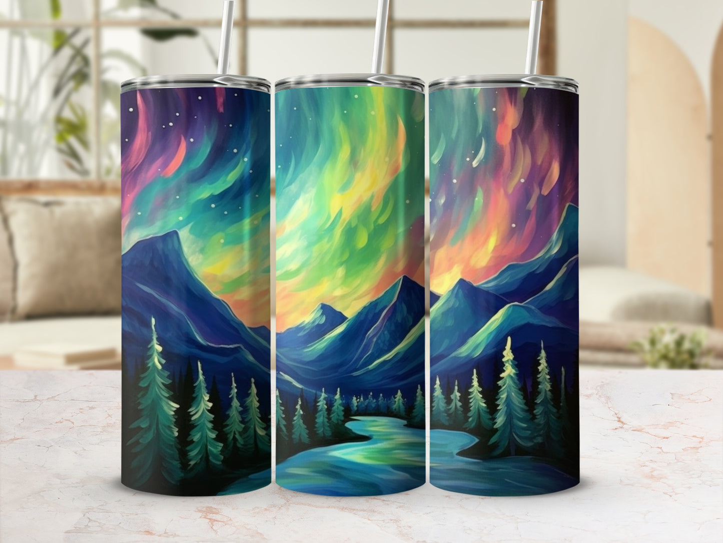 Northern Lights Mountain Forest Stainless Steel Tumbler