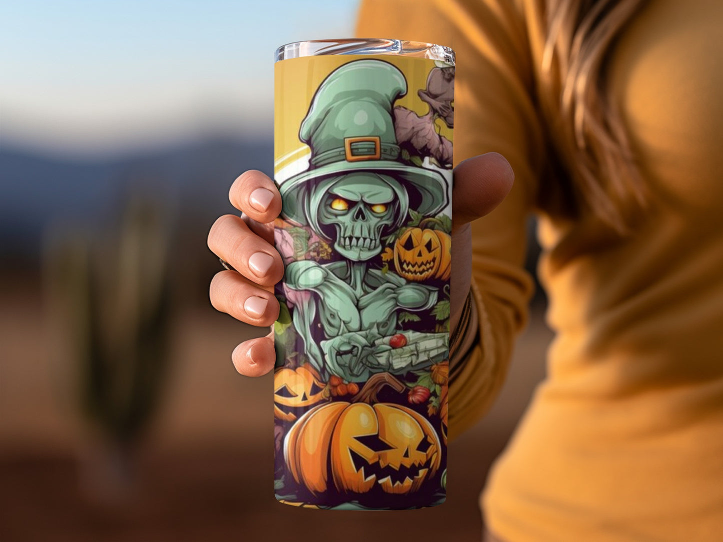 Halloween Skull Witch Tumbler with Pumpkins Design