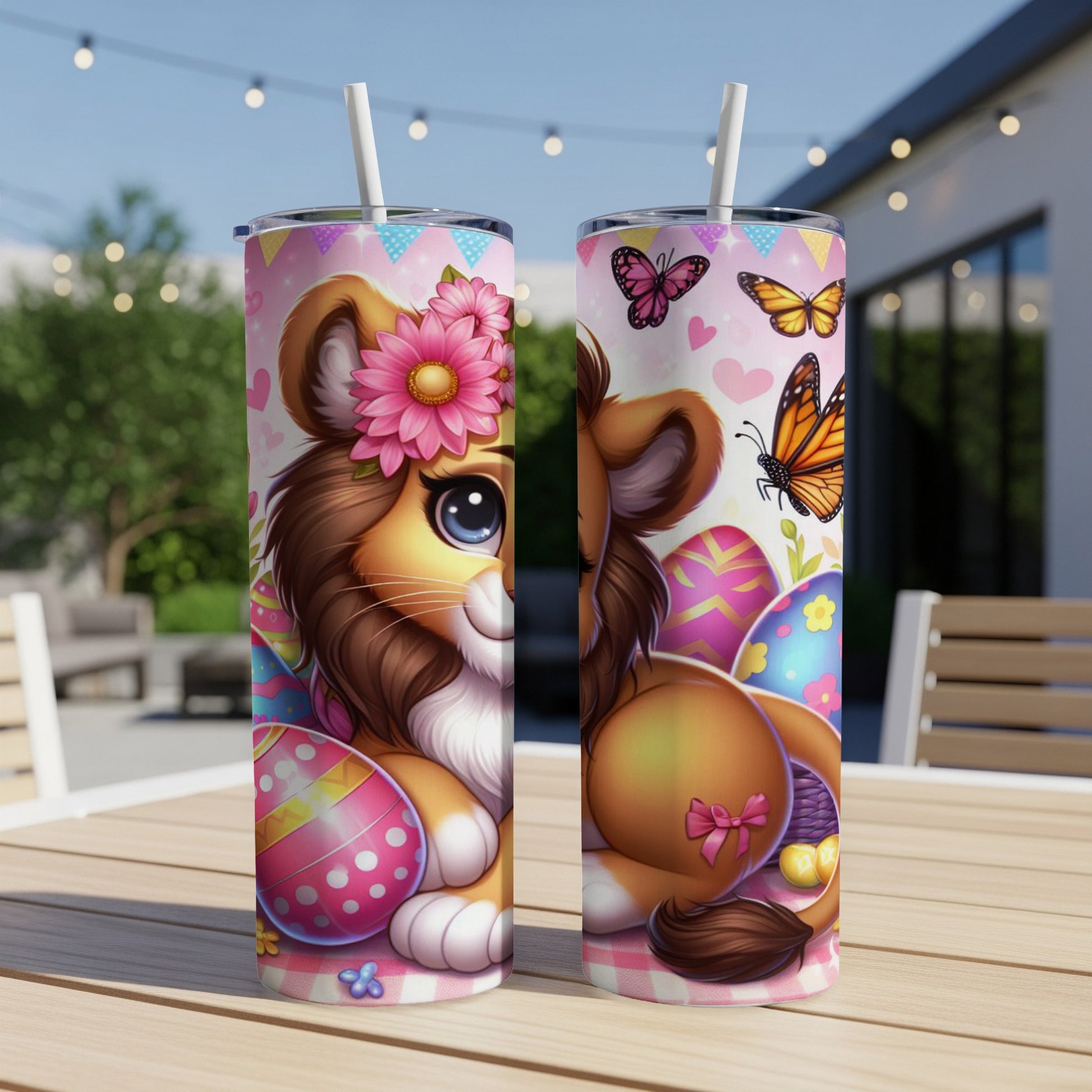 Lion cub with Easter eggs and butterflies on a pink floral background.