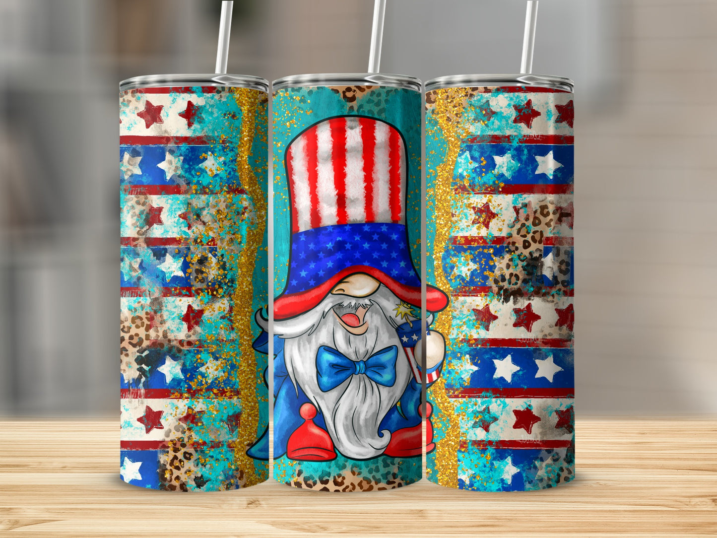 Gnome in patriotic hat holding a flag, surrounded by starry and leopard print patterns.
