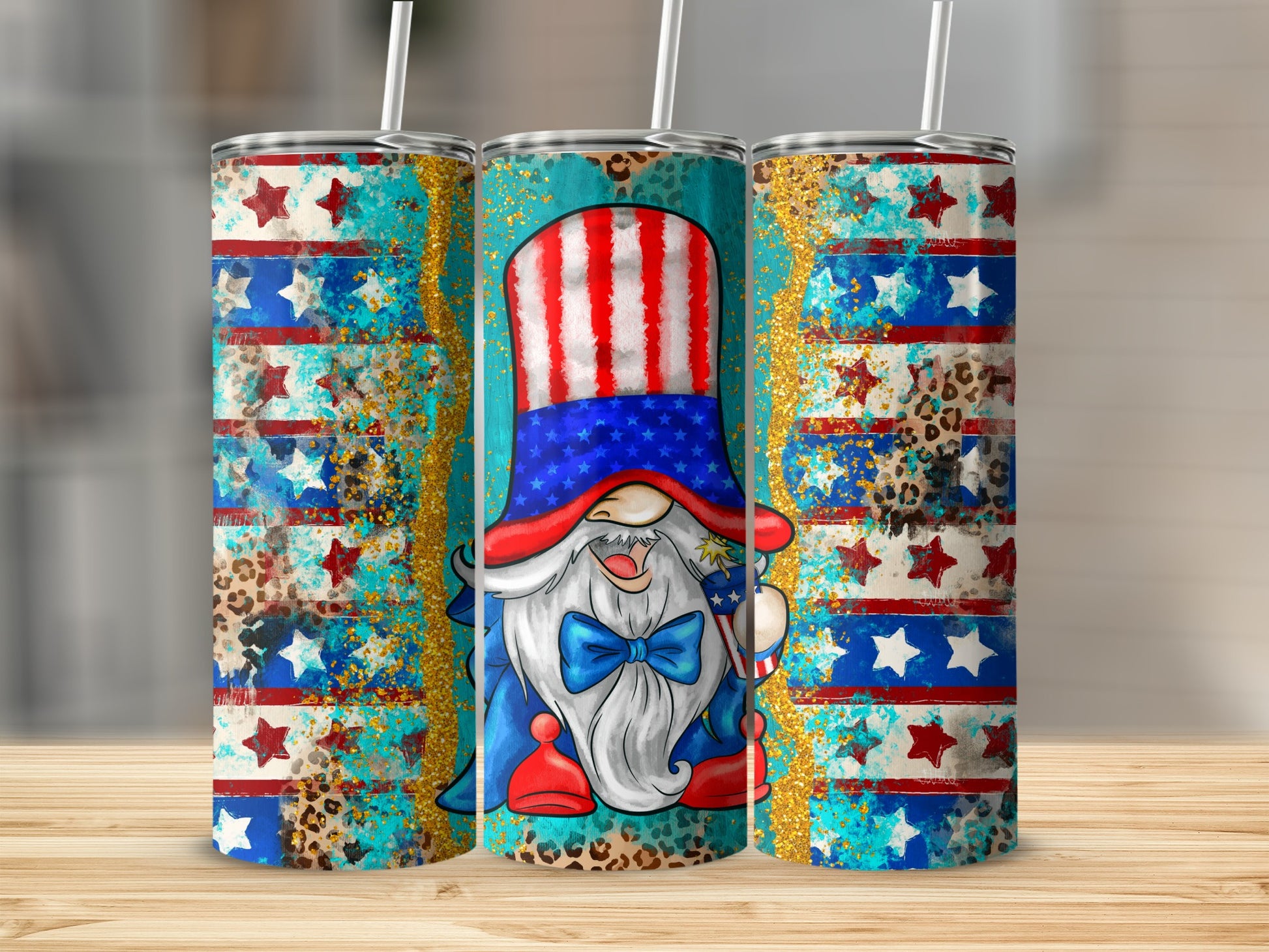 Gnome in patriotic hat holding a flag, surrounded by starry and leopard print patterns.