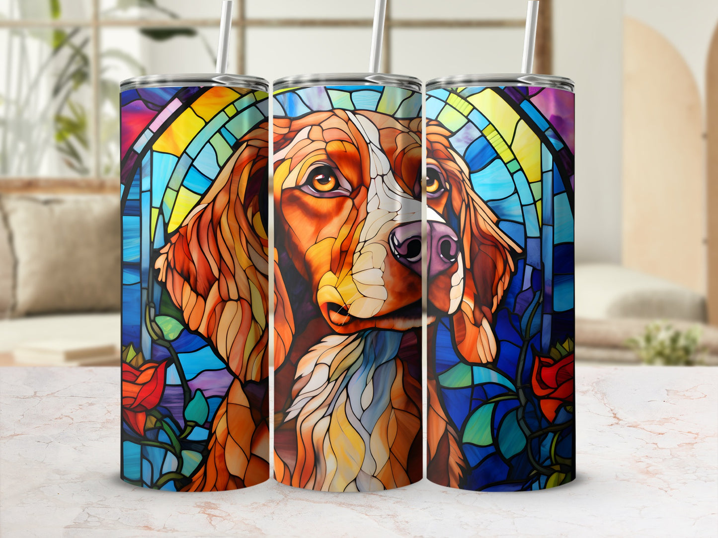 Stained glass dog portrait on three tumblers with straws.