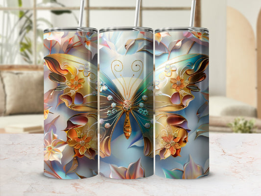 Three tumblers with iridescent butterfly and floral designs.