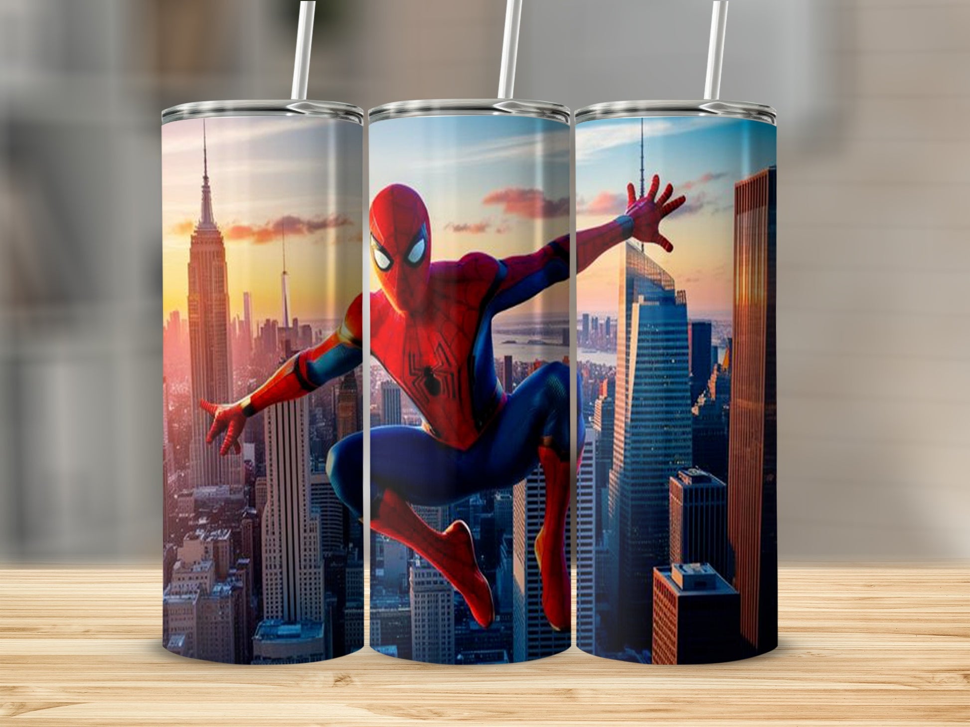 Spider-Man Swinging Through City Skyline Tumbler Flask