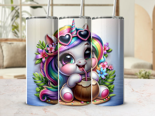 Cute cartoon unicorn with rainbow mane and sunglasses drinks from a coconut.