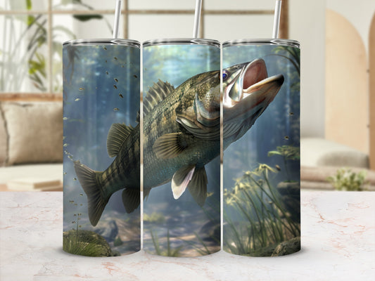 Largemouth bass jumping from water with aquatic plants and small fish.