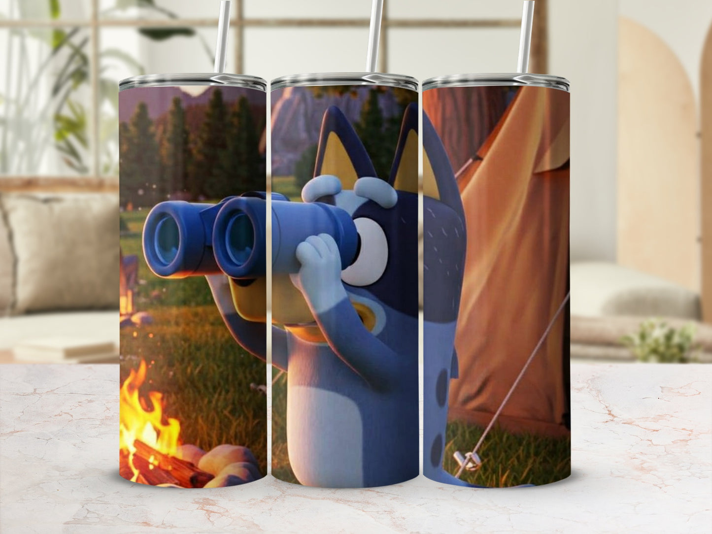 Camping Scene with Blue Dog Design Tumbler