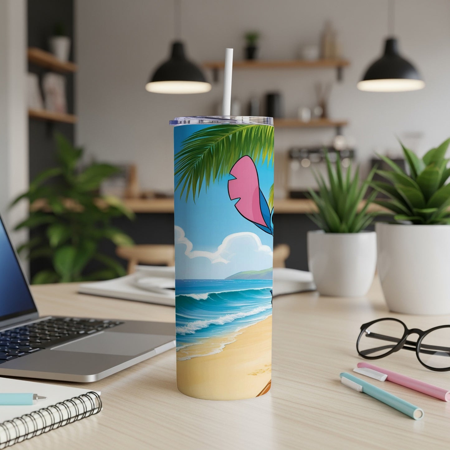 Stitch character on a beach scene tumbler with palm trees and ocean waves.