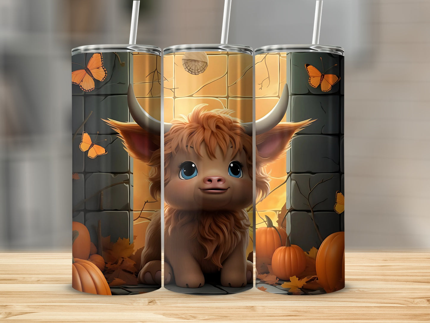 Cute Highland Cow with Pumpkins and Butterflies Tumbler
