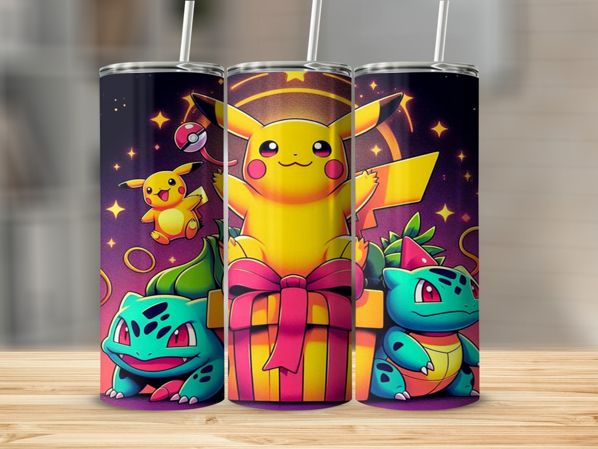 Cute Pokemon Character Design on Colorful Tumblers