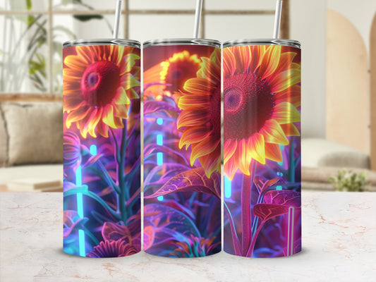 Three tumblers with a glowing neon sunflower design.