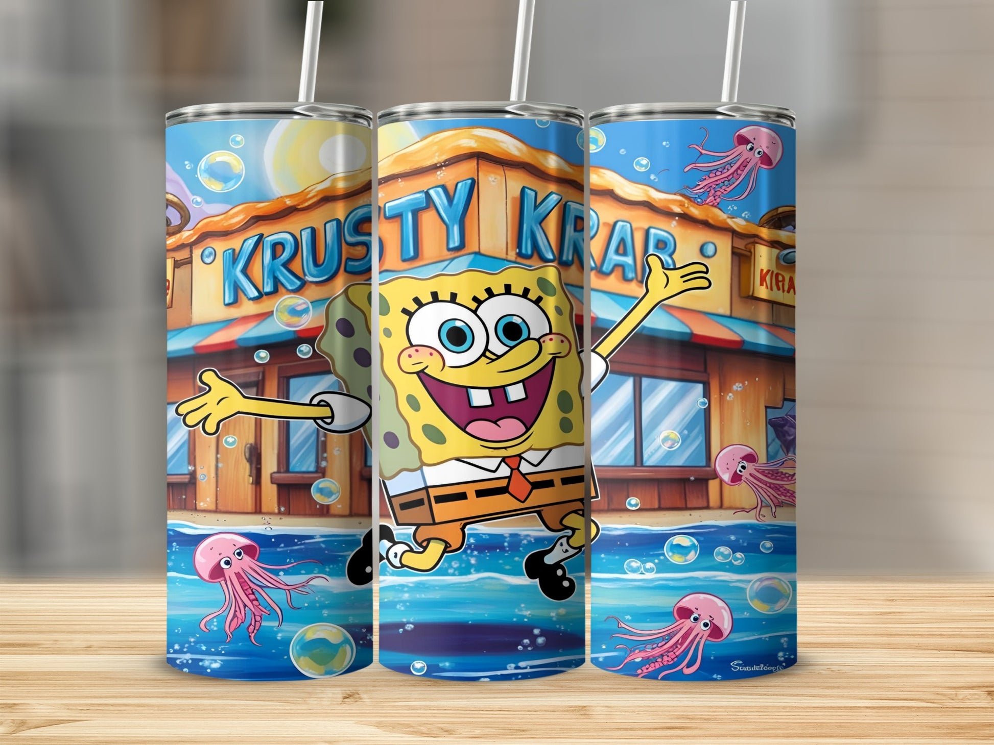 SpongeBob SquarePants and jellyfish in front of the Krusty Krab restaurant.