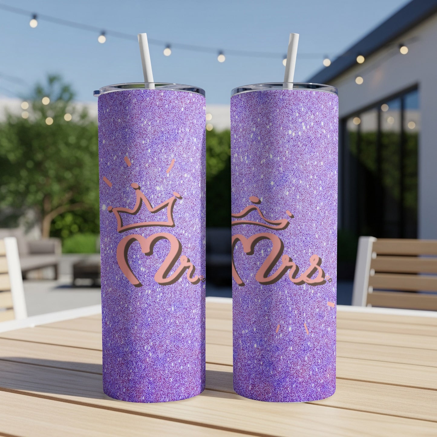 Two tall purple glitter tumblers with "Mr & Mrs" in rose gold script.