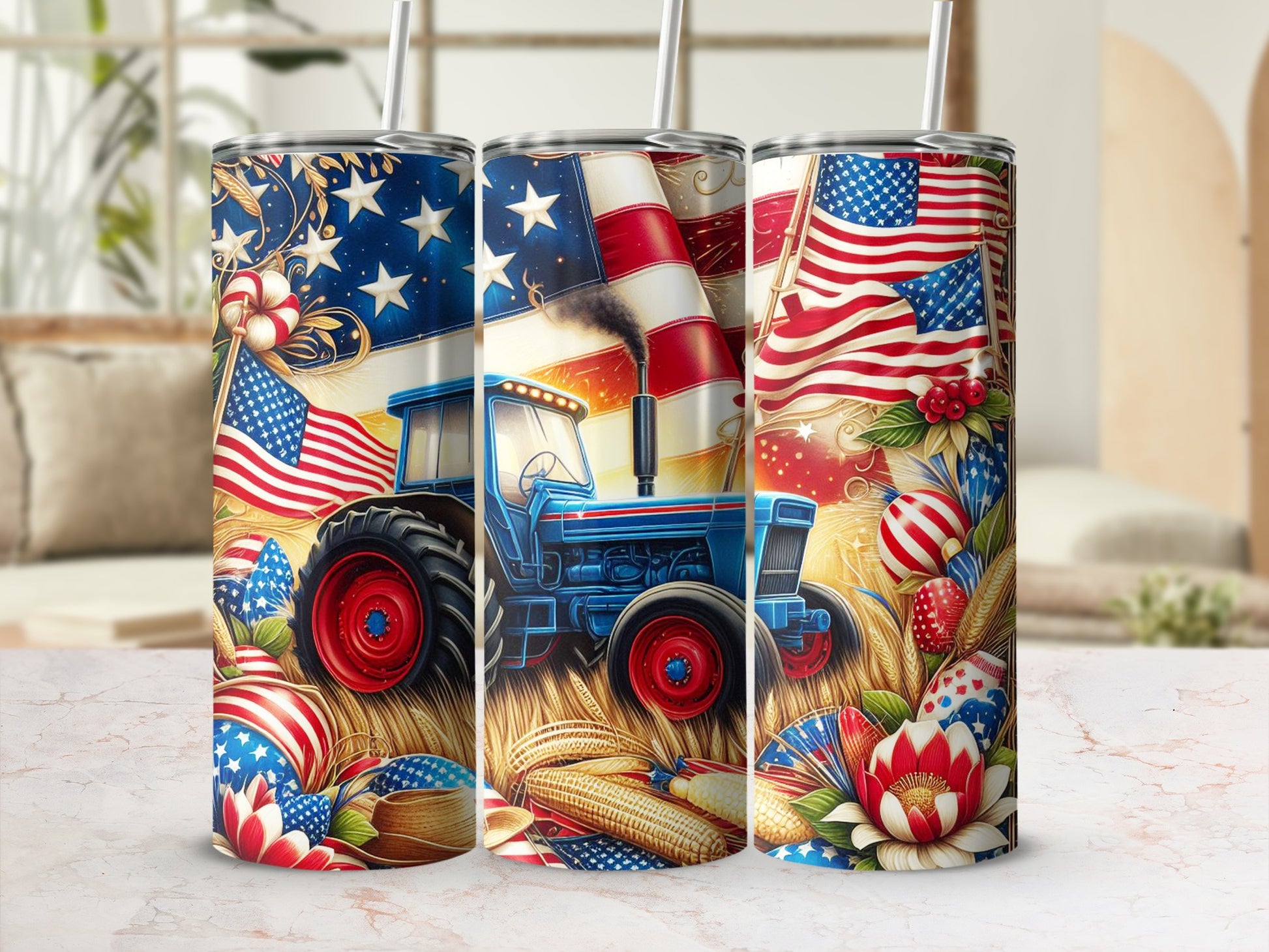 Blue tractor with American flags and patriotic decorations on a tumbler.
