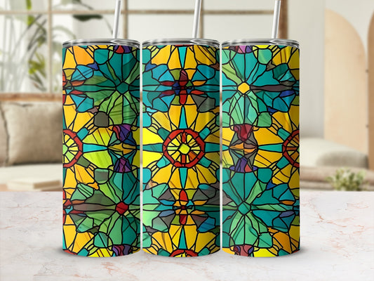 Three tall tumblers with colorful stained-glass-like patterns.