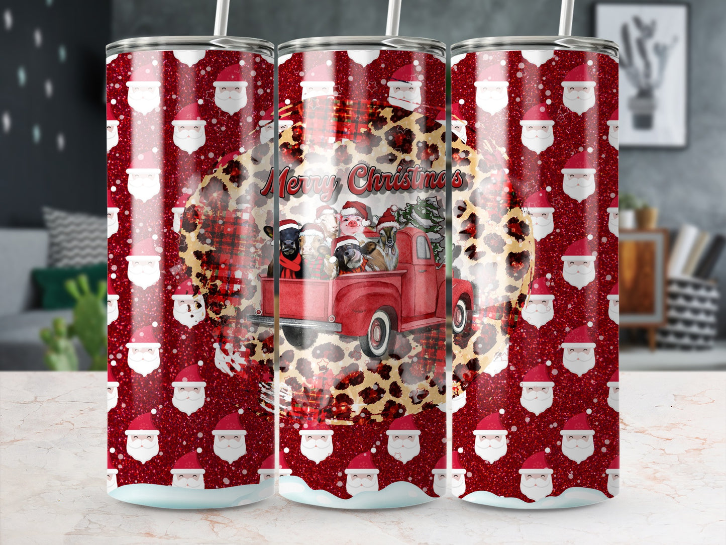 Red truck with Santa hats on dogs, "Merry Christmas" text, on a sparkly Santa pattern tumbler.