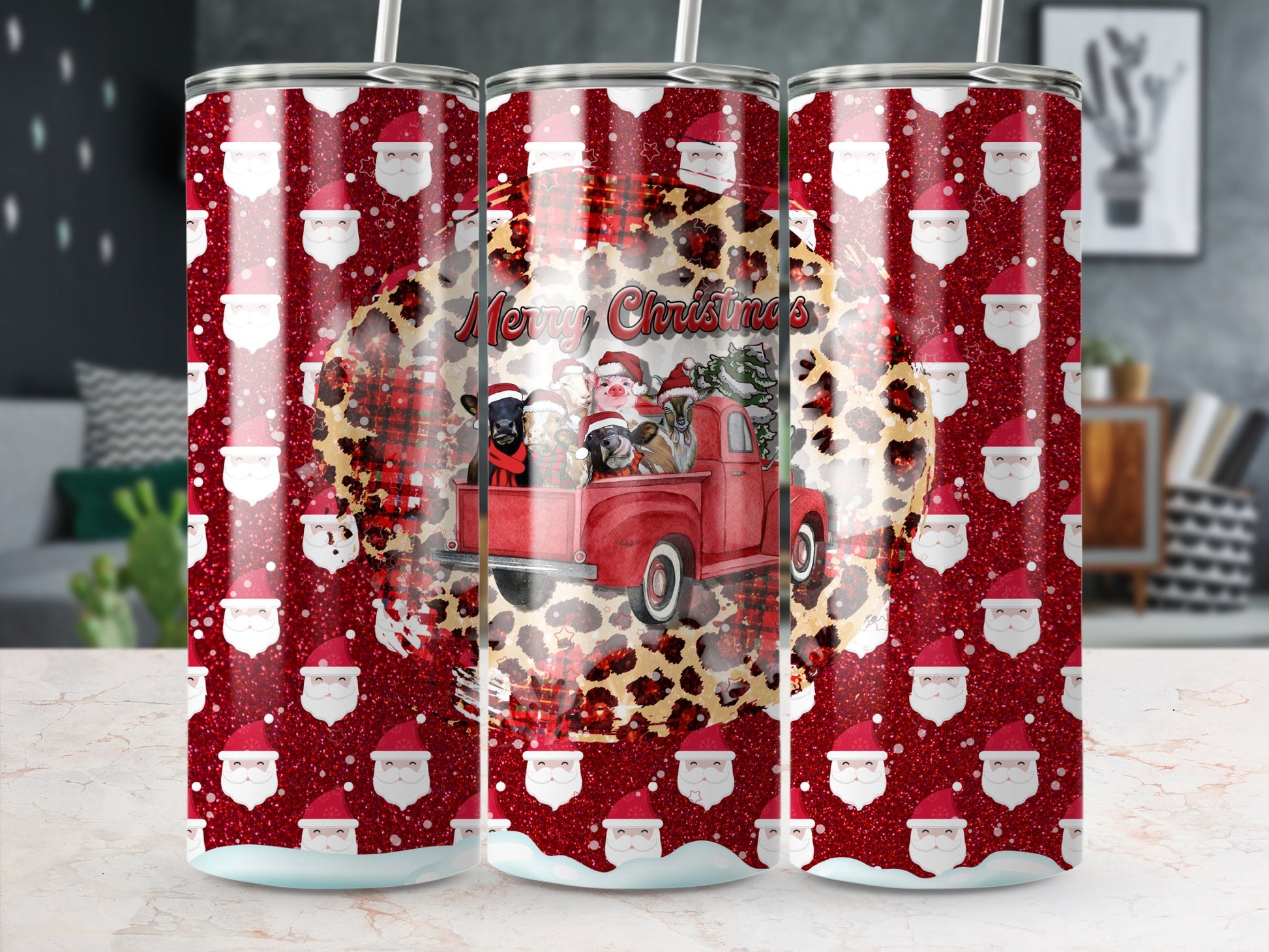 Red truck with Santa hats on dogs, "Merry Christmas" text, on a sparkly Santa pattern tumbler.