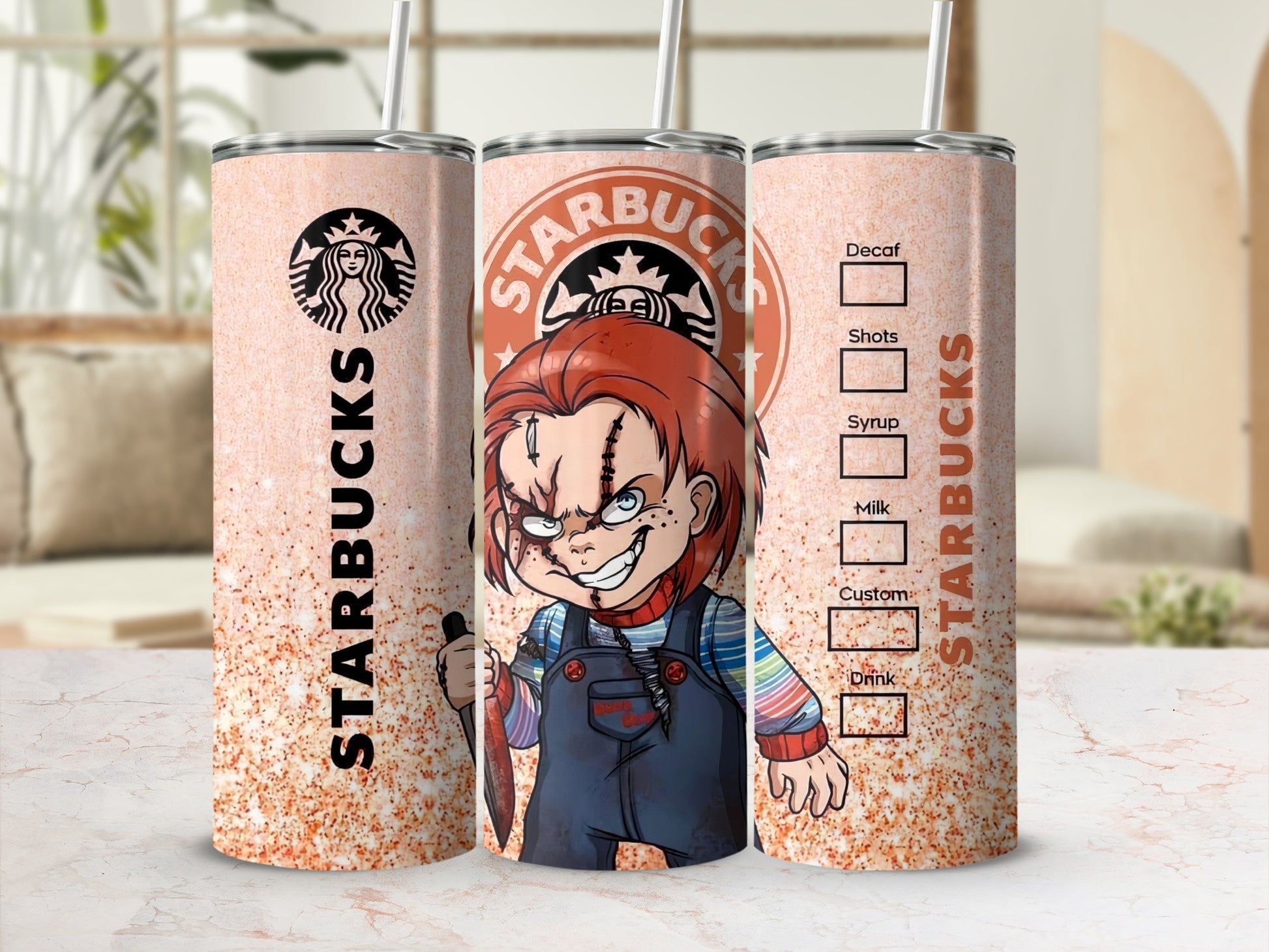 Tumblers featuring Chucky from Child's Play with Starbucks branding and customization options.