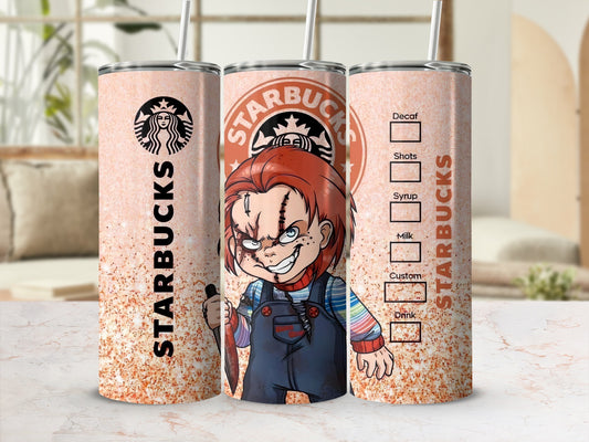Tumblers featuring Chucky from Child's Play with Starbucks branding and customization options.