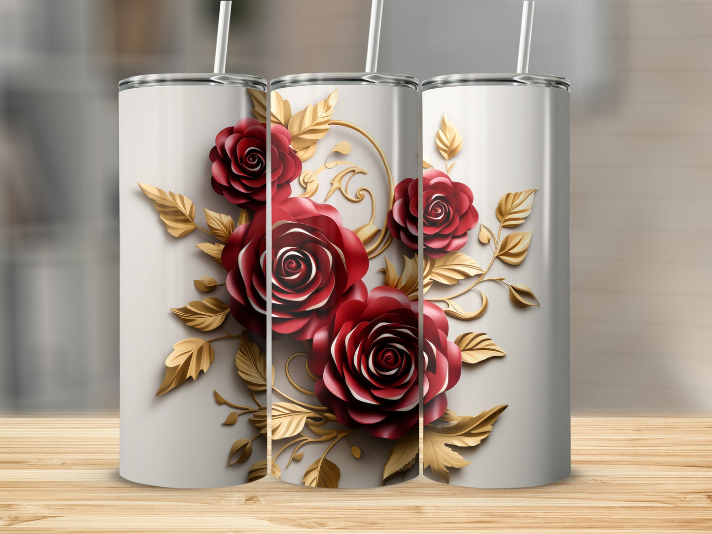 Three white tumblers with red rose and gold leaf designs.