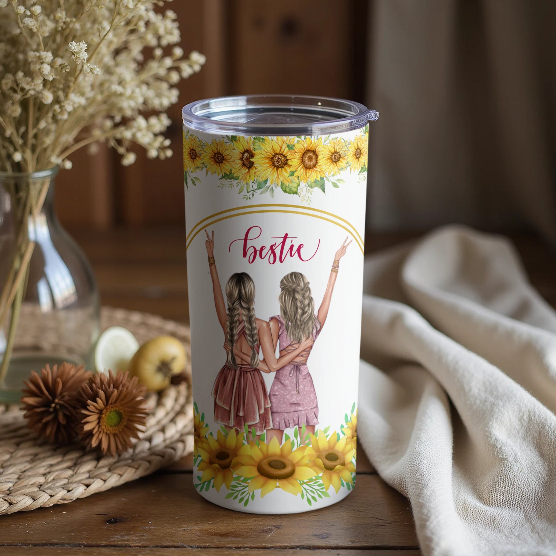 Bestie Sunflower Design Tumbler with Flower Accents