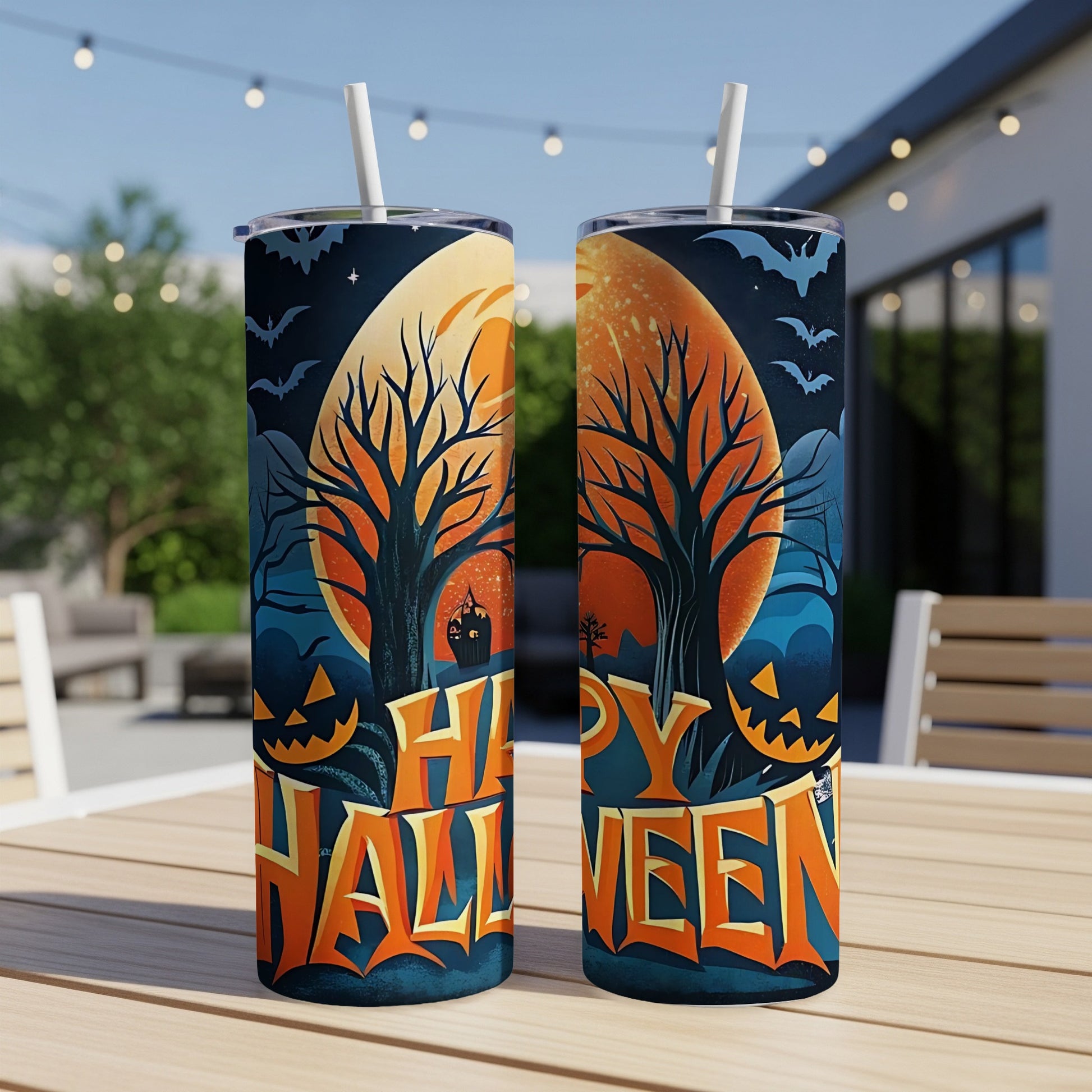 Two tumblers with a spooky Halloween design featuring pumpkins, bats, and a full moon.