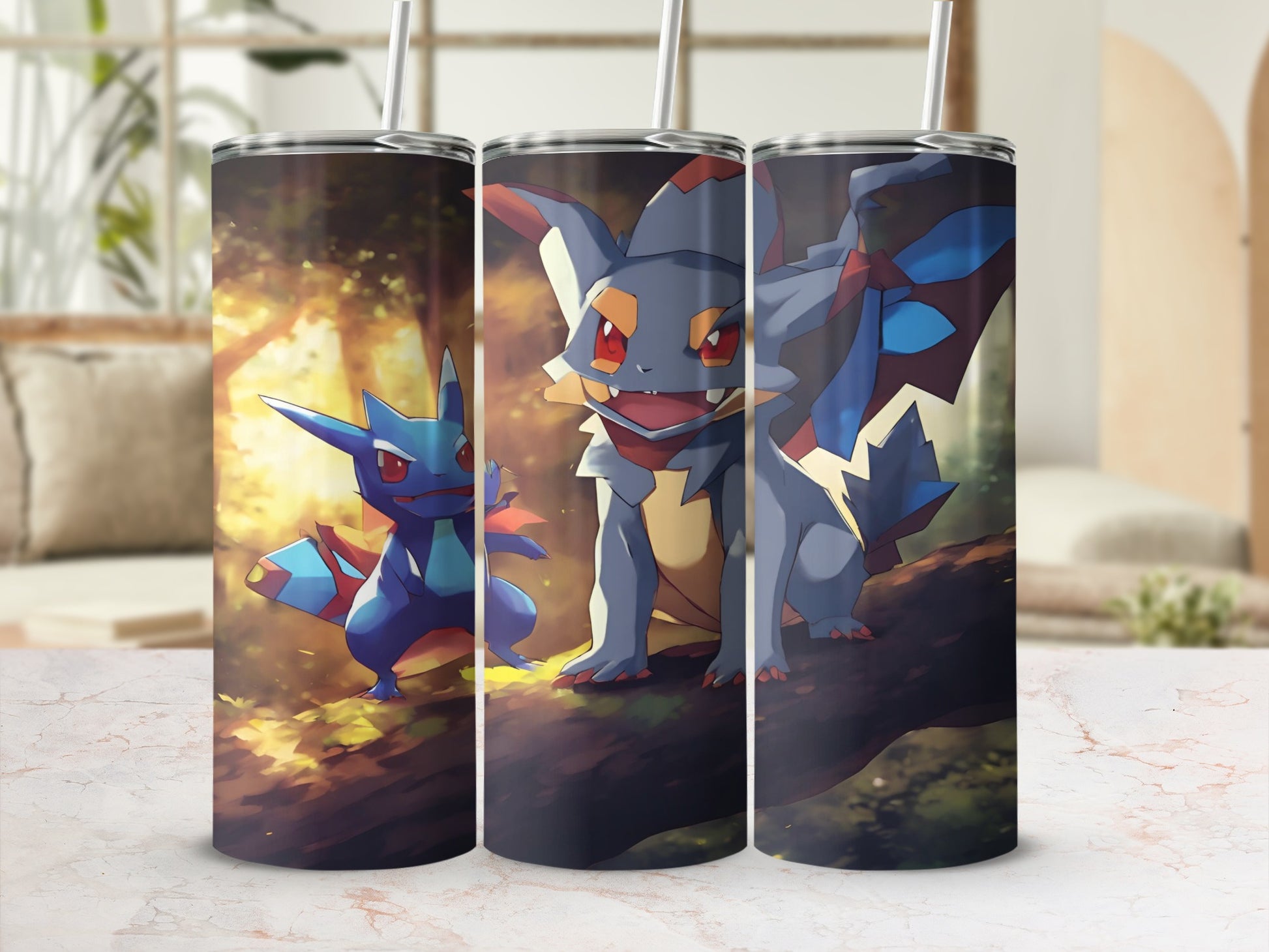 Three Pokémon tumblers with a nature background featuring Grookey and Scraggy.