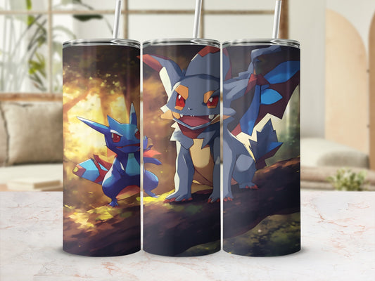 Three Pokémon tumblers with a nature background featuring Grookey and Scraggy.