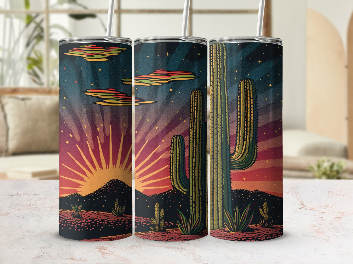 Desert sunset with cacti and stylized clouds on a tumbler.