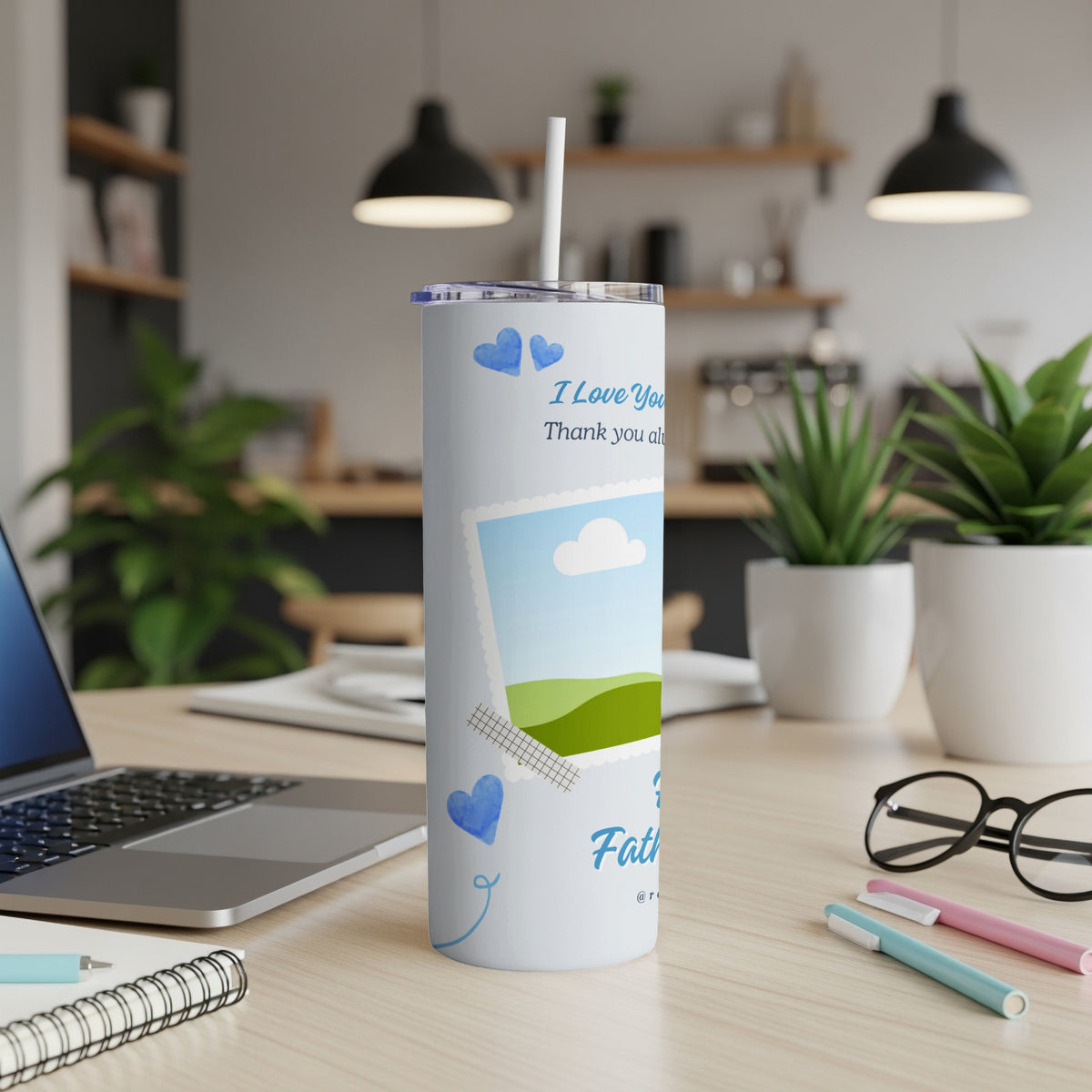 White tumbler with blue hearts, a photo frame, and text reading "I Love You" and "Father's Day".
