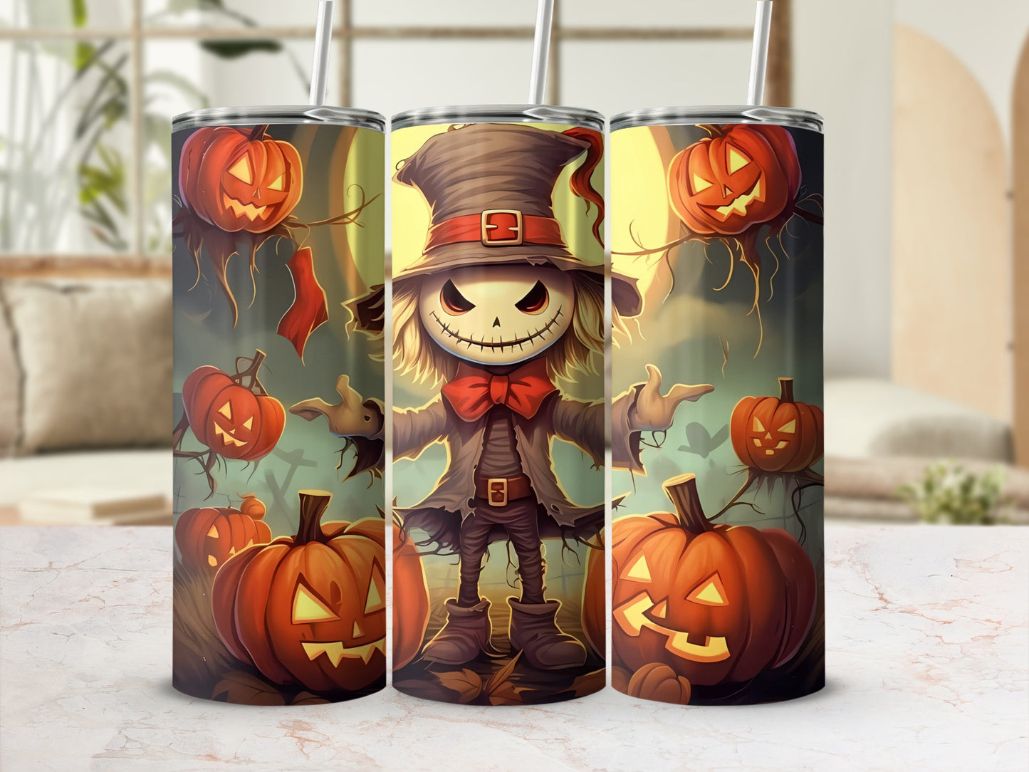 Three tumblers featuring a scarecrow and jack-o'-lanterns on a Halloween theme.