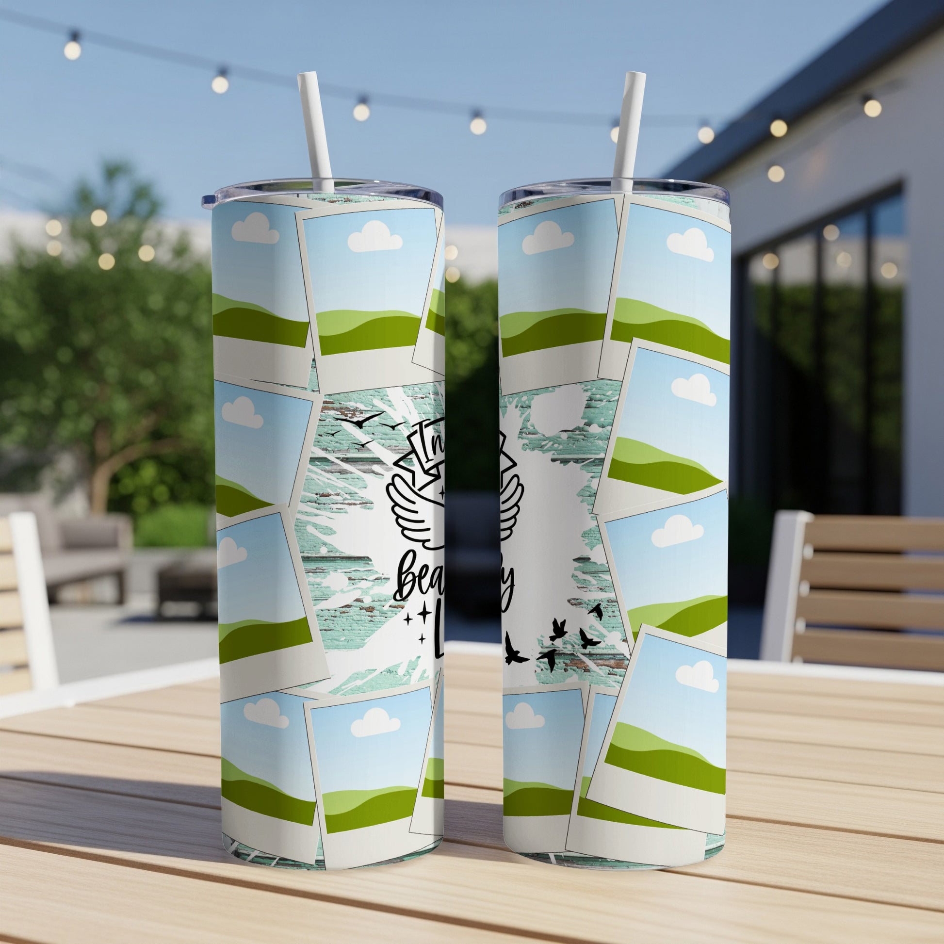 Two tumblers with a collage of landscape photos and the text "In beauty I find myself."