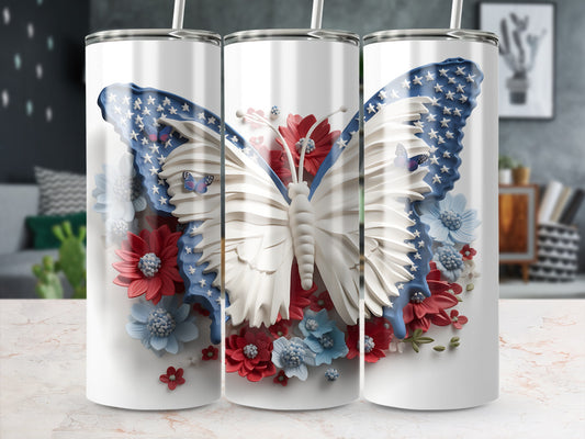 White butterfly with American flag wings, surrounded by red and blue flowers.