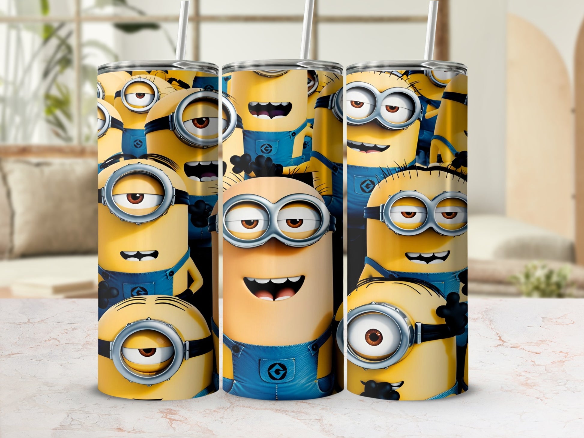 Minions characters with straw in a tumbler.