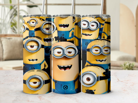 Minions characters with straw in a tumbler.