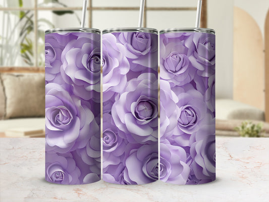 Three tumblers featuring a seamless pattern of light purple roses.