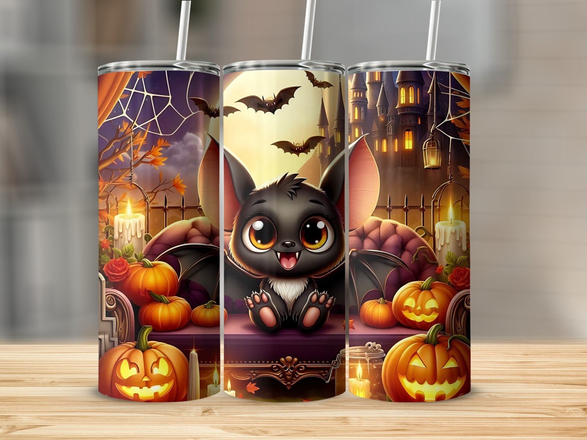 Halloween tumblers with cute bat, pumpkins, and spooky castle scene.