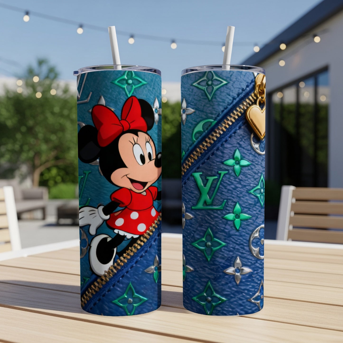 Minnie Mouse on blue tumbler with zipper and LV-style pattern.