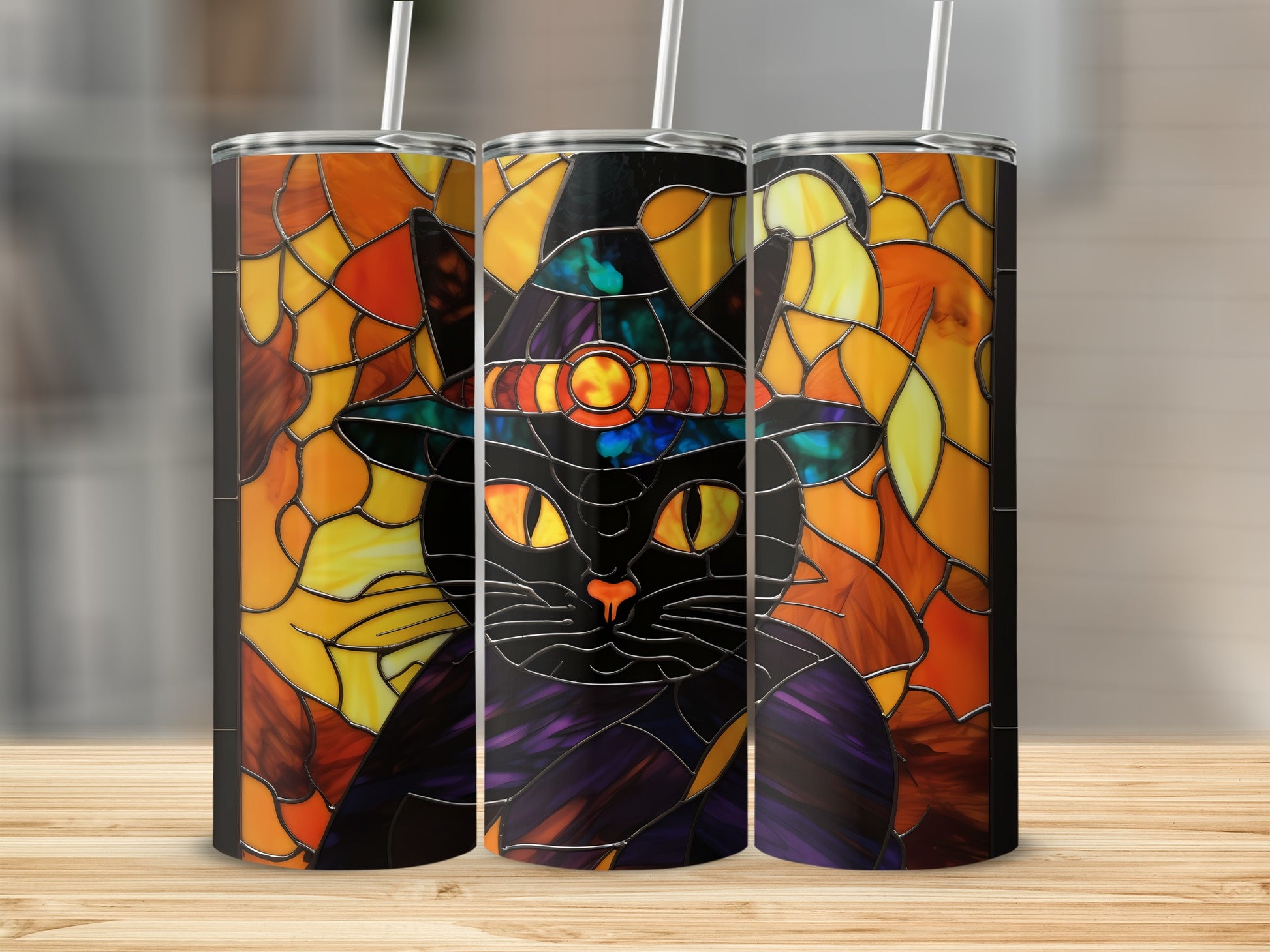 Black cat with witch hat, stained glass pattern, on three tumblers.