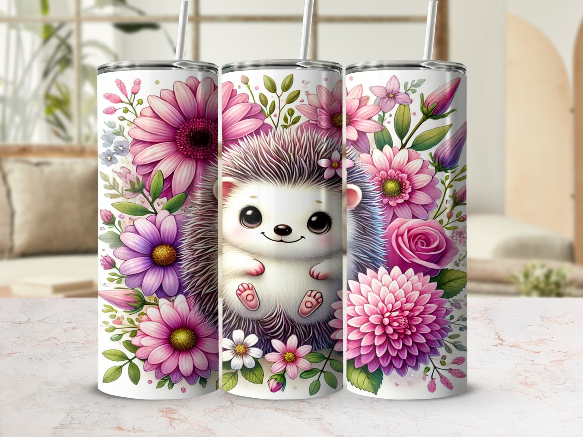 Adorable Hedgehog with Flowers Illustration Tumbler