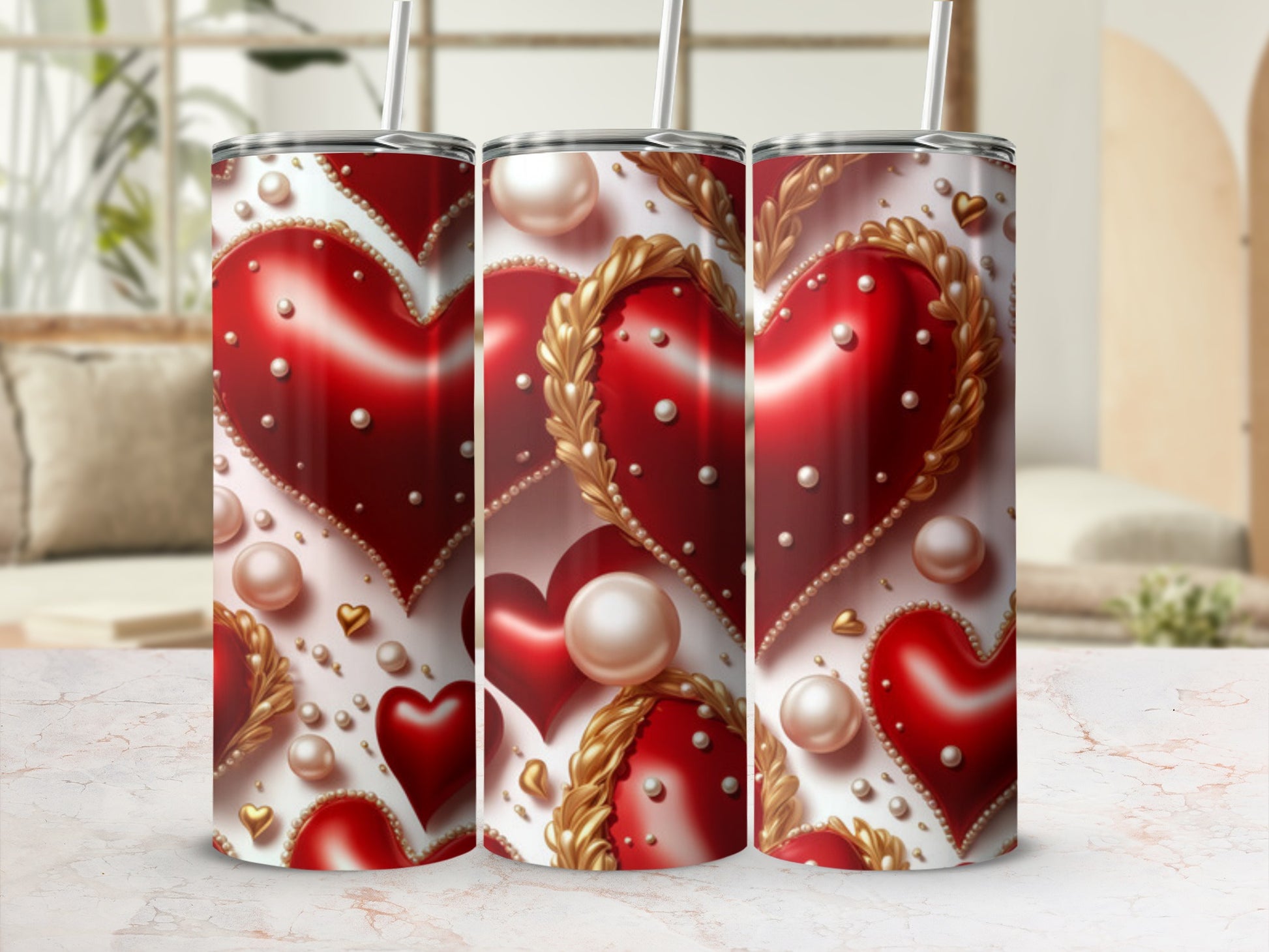 Red hearts with pearls and gold trim on a white tumbler.